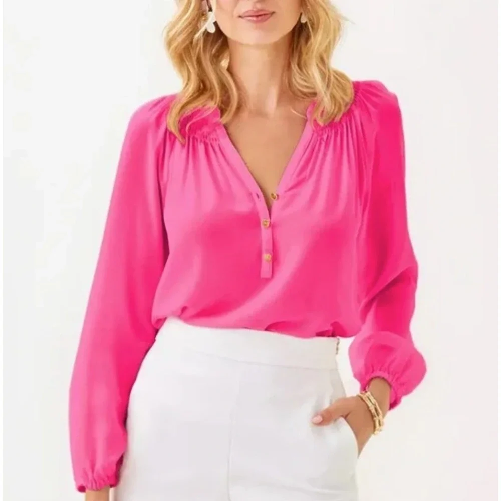 NWT Lilly Pulitzer Elsa Top 100%Silk Pink Silk Smocked Blouse Womens S ret$178 - Picture 7 of 7